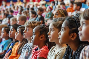 elementary school children watching a presentation